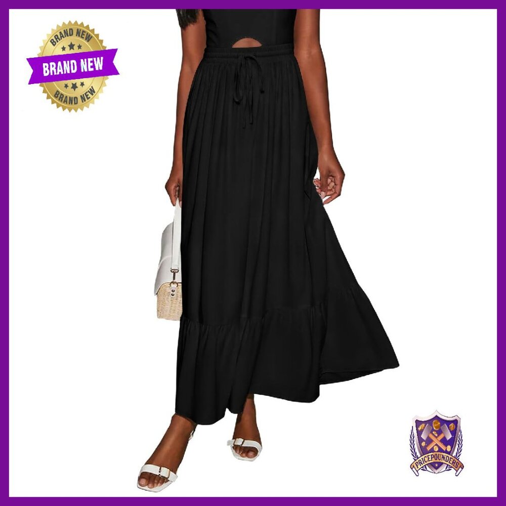 High Waisted Maxi Skirt With Pockets, Flowy Boho Ruffle Tiered